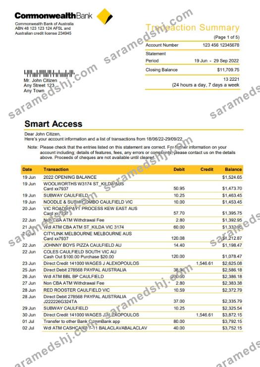 Australia Commonwealth bank statement, Word and PDF template, 5 pages